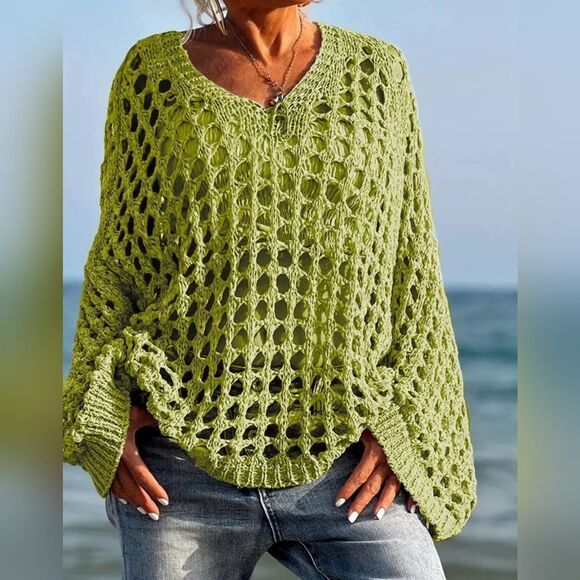 Private Label Sweaters - Green Open-Knit Women's Sweater Crochet Long Sleeve Knit Cover Up Sz S M L XL
